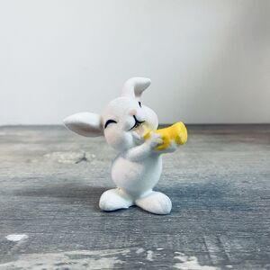 Vintage White Spring Easter Flocked Bunny Figure Play Trumpet Instrument